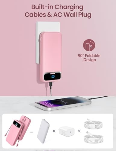12000 m Ah Ultra-Light Portable Power Bank with Built-In Cables & AC Wall Plug – PD20 W USB-C Fast Charging for i Phone, Samsung & Android – LED Display for Battery Monitoring – Ultimate Travel Companion for Quick Device Recharging