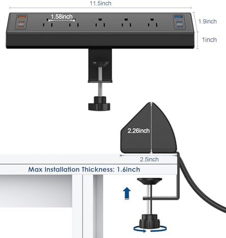 Revolutionize Your Workspace with the Desk Clamp Power Strip USB C – 75 W Total Fast Charging Hub Featuring 5 AC Outlets and 6 USB Ports, Optimized for 1.6″ Tabletop Edges – Ultimate Surge Protection for Laptops, Smartphones, and More