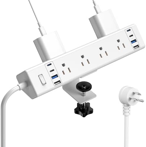 40 W Rapid Charge Desk Clamp Power Strip with 8 AC Outlets & 8 USB Ports – Versatile Surge Protector for Home & Office, Featuring 4 USB-C and 4 USB-A Ports, Secure Edge Mount Design for Tables up to 1.9 Inches, 14 AWG Heavy-Duty Cord for Optimal Performance and Safety