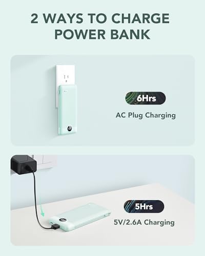 VRURC 10000 m Ah Portable Charger with Built-in Cables & AC Plug – Lightweight USB-C Power Bank for Effortless Device Charging on the Go – Stylish Green External Battery for Smartphones and Tablets – Ultimate Travel Companion for Uninterrupted Connectivity and Enhanced Compatibility