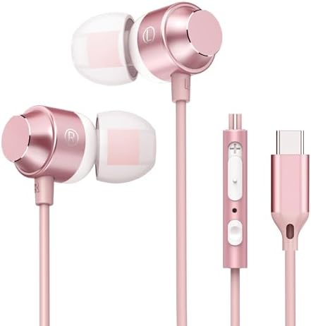 Stylish Rose Gold USB C Earbuds – Premium In-Ear Headphones with Superior Stereo Bass and Built-in Microphone for i Phone 15, Samsung, and Google Pixel – Ergonomic Design with Convenient Volume Control for Unmatched Comfort and Everyday Audio Excellence