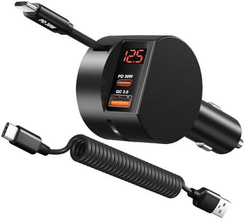 OKRAY 78 W Retractable USB C Car Charger with Coiled Cable – Fast PD30 W Charging for Samsung Galaxy S25, S24, A16 & i Phone 16, 15 Pro Max – Multi-Port 12 V Cigarette Lighter Adapter for Seamless Travel Power Solutions