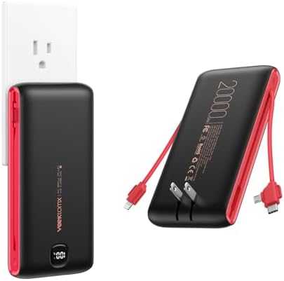 VEEKTOMX 20,000 m Ah Portable Charger with Built-in Cables and AC Wall Plug – Fast Charging Power Bank for i Phone 15/14/13 & Samsung Devices, Slim Battery Pack with LED Display for Ultimate Compatibility and On-the-Go Convenience