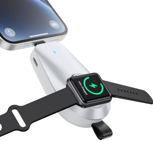 Ultra-Compact Magnetic Wireless Charger for Apple Watch & i Phone – 1600 m Ah Keychain Emergency Power Bank for Seamless Charging on the Go – Compatible with i Watch 9/8/Ultra/7/6/SE/5/4/3 & i Phone 5-14 Series (Sleek Black) – Ideal for Travelers and Professionals