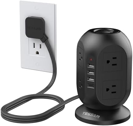 TESSAN Tower Surge Protector Power Strip – 10 ft Flat Extension Cord with 8 AC Outlets & 4 USB Ports (1 USB-C) – Compact Charging Station with Advanced Surge Protection for Home Office & Dorm Use – Optimal Device Safety & Versatile Compatibility