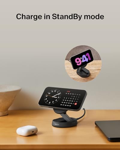 Belkin 15 W Fast Convertible Magnetic Charging Stand – Mag Safe & Qi2 Compatible Power Hub for i Phone 16/16 Plus/16 Pro/16 Pro Max, i Phone 15/14, Apple Air Pods Pro – Stylish White Design for Enhanced Efficiency and Device Versatility