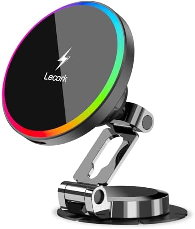 Mag Safe Car Mount Charger with 15 W Fast Wireless Charging – Magnetic Air Vent Holder for i Phone 12-16 Pro Max & Samsung S25 Series – Stylish RGB LED Design for Enhanced Compatibility and Efficient Power Delivery