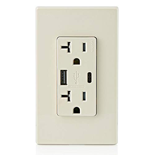 Leviton Dual USB In-Wall Charger with 20 A Tamper-Resistant Outlet – Type A & Type-C Compatibility for Smartphones and Tablets, Light Almond Finish – Streamlined Charging Solution for Home and Office Spaces