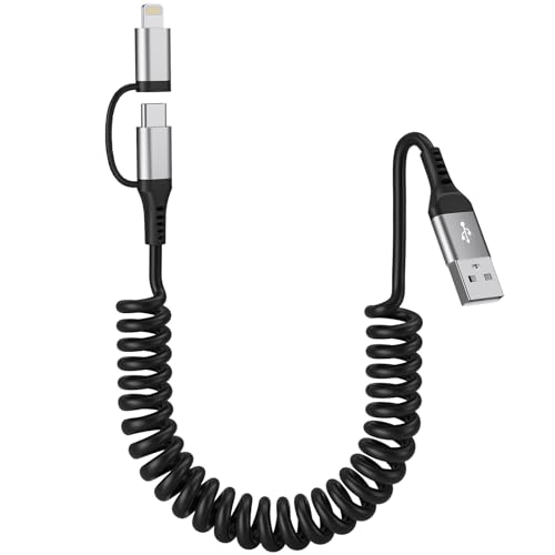 Revolutionize Your Charging Experience with the 2-in-1 USB to USB-C and Lightning Cable – MFi Certified Coiled Design for i Phone 16/15/14 and Android Devices, Fast 3 A Charging Capability, Retractable for Enhanced Portability and Tangle-Free Use – Perfect for Apple Car Play & Android Auto Users