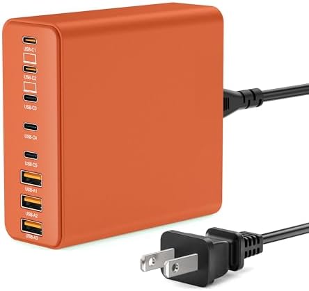 Ultra-Compact 8-Port USB-C Fast Charging Hub with Ga N III Technology – Versatile Power Adapter for Mac Book Pro, Dell, i Pad, i Phone & Samsung Galaxy – Striking Orange Design for Home, Office & Travel Convenience
