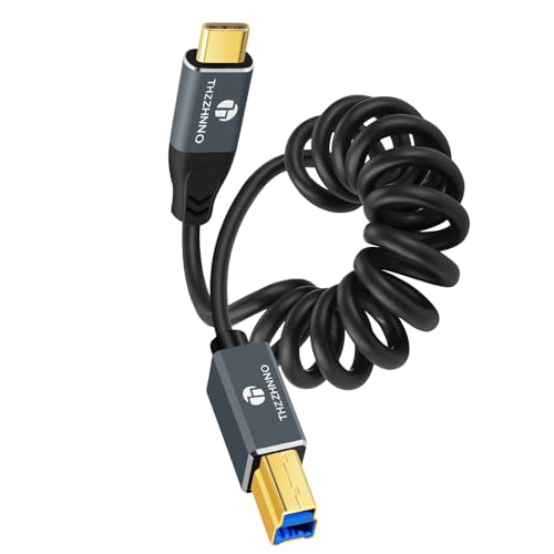 Retractable Coiled USB B to USB C Cable for High-Speed Data Transfer – 5 Gbps Compatibility with Mac, PC, Laptops, MIDI Keyboards, and DJ Controllers – Adjustable Length from 0.75 FT to 3.3 FT for Effortless Connectivity and Organization