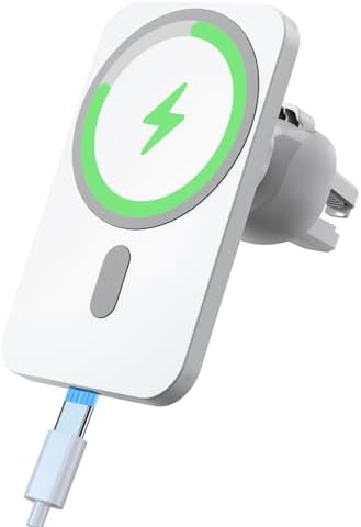 HYDGYC 15 W Fast Wireless Car Charger for i Phone – Mag Safe-Compatible Air Vent Charging Pad with 360° Rotation for Optimal Viewing – Essential Accessory for i Phone 16/15/14/13/12 (Sleek White Design) – Effortless Installation & Secure Hold for On-the-Go Power