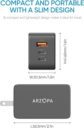 ARZOPA 65 W Ga N USB-C Wall Charger – Compact 3-Port Fast Charging Block for Mac Book Pro, i Phone 15, Galaxy S24 Ultra & More – Ultimate Travel Companion with Foldable Design & Advanced Power Delivery Technology for Rapid Device Charging