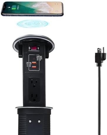 ZESHAN Sleek Pop-Up Power Outlet with 15 W Wireless Charging Station – Dual US Outlets, USB A & USB C PD Fast Charging Ports for Effortless Connectivity at Home or Office – Ideal for Conference Tables and Kitchen Counters, Modern Black Finish