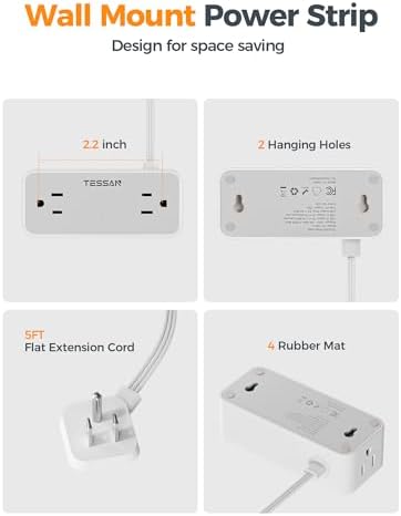 TESSAN 5 FT Flat Plug Extension Cord with 4 AC Outlets, 1 USB-C & 2 USB-A Ports – 900 Joules Surge Protector Power Strip for Home Office & Dorm Room – Maximize Charging Efficiency & Space Savings with Versatile Power Accessory