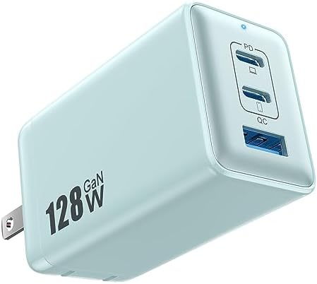 High-Efficiency 128 W USB C Wall Charger – Ga N III 3-Port Fast Charging Hub for Mac Book, i Phone, Galaxy & More – Portable 65 W Adapter with Foldable Design for Ultimate Convenience and Speed