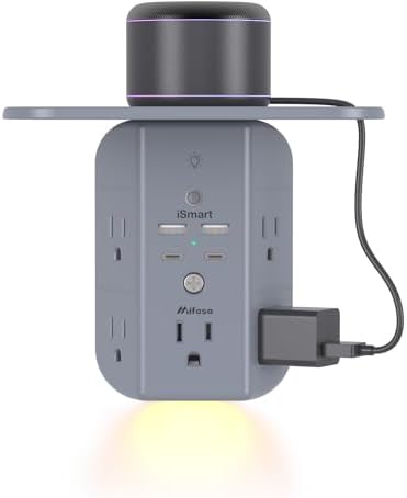 Revolutionary Wall Outlet Extender with Integrated Shelf & Adjustable Night Light – 5 USB Ports Including Rapid USB-C Charging, Surge Protection, and Compact Design for Enhanced Organization and Efficiency