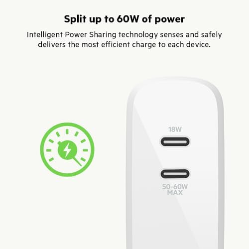 Belkin 68 W Dual Port USB-C Charger Block – Ga N Fast Charger for i Phone 16, Samsung Galaxy S25, Mac Book Pro & More – Superior Power Delivery, Compact Design & Enhanced Safety Features for On-the-Go Charging Efficiency