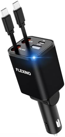Premium Flexino Compact Retractable Car Charger for i Phone 16 – 69 W Fast Charging with Dual 2.6 ft USB C Cords | Efficient Power Adapter Compatible with i Phone 16/15/14/13/12 Series & Galaxy Devices | Sleek Grey Design for Ultimate Portability and Reduced Cable Clutter