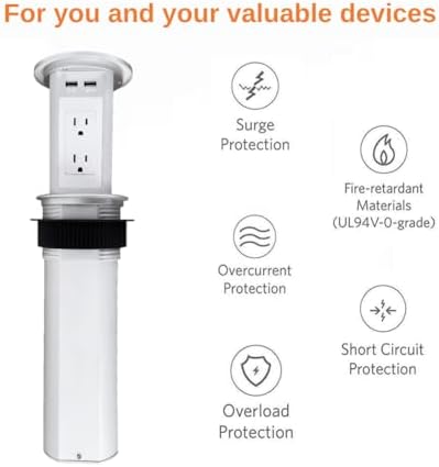 ZESHAN Sleek Pop-Up Power Outlet with 15 W Wireless Charging Station – Dual US Outlets, USB A & USB C PD Fast Charging Ports for Effortless Connectivity at Home or Office – Ideal for Conference Tables and Kitchen Counters, Modern Black Finish