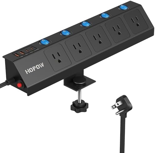 Maximize Your Workspace Efficiency with the 10 FT Desk Clamp Power Strip – 5-Outlet Surge Protector Featuring Individual Switches and Dual USB-C Ports (20 W PD) for Rapid Charging, Ideal for Home Office and Professional Use – Versatile Wall Mount and 1.7″ Tabletop Compatibility in Sleek Black Design