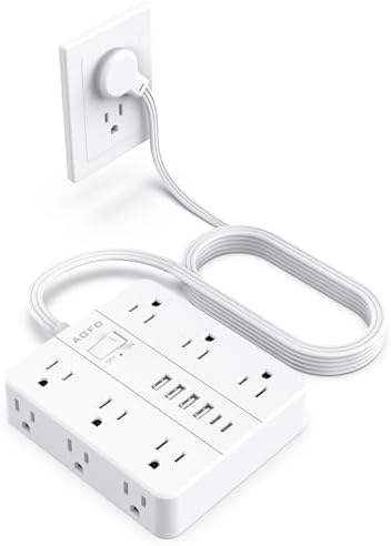 Maximize Your Charging Potential with AOFO 5 Ft Flat Plug Power Strip: 12 Outlet Surge Protector & 6 USB Ports (4 USB-A, 2 USB-C) for Home, Office, and Dorm Use – Reliable, Safe, and Space-Saving Design for All Your Devices