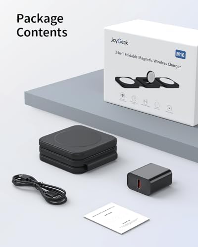 Joy Geek 3-in-1 Magnetic Charging Station for i Phone 15/14/13/12, Apple Watch 9-2, Air Pods – Foldable Travel Wireless Charger Pad with Enhanced Mag-Safe Compatibility for Fast, Efficient Charging Anytime, Anywhere
