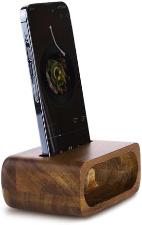 Navaris Bamboo Phone Stand – Bamboo Phone Stand for Desk – Enhanced Sound with Built-in Amplifier – Portable Bamboo Cell Phone Holder Charging Dock for Kitchen Office Bedside – Enhanced Compatibility and Speed