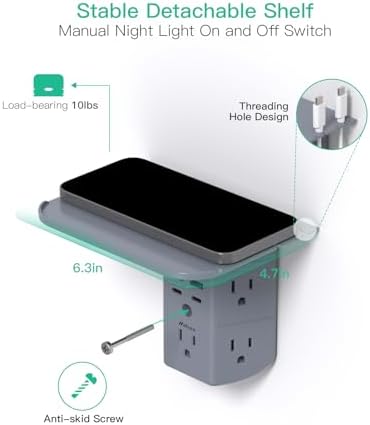 Revolutionary Wall Outlet Extender with Integrated Shelf & Adjustable Night Light – 5 USB Ports Including Rapid USB-C Charging, Surge Protection, and Compact Design for Enhanced Organization and Efficiency