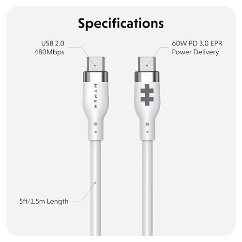 HyperJuice Silicone Charging USBC Cable (1.5m/5ft) w/EcoSmart Silicone Jacket, 60W USB C Charger 3.0 EPR Fast Charge — Tangle-Free USB C Cable 5ft, Withstands 10,000+ Bends (Black) – Enhanced Compatibility and Speed