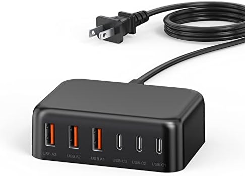 BREEKET 100 W USB C Fast Charger Hub – 6-Port Ga N Charging Station with 3 USB-A & 3 USB-C Connections – High-Speed Wall Adapter for i Phone 15/14/13/12/11 Pro Max, i Pad, Google Pixel & Samsung Galaxy Devices – Compact, Safe & Stylish Power Solution