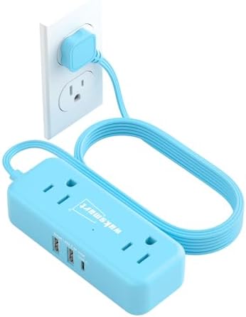 Sleek Flat Plug Power Strip with 5 Ft Extension Cord – 4 AC Outlets & 3 Fast-Charging USB Ports (5 V/3.4 A) – Compact Travel-Friendly Power Solution for College Dorms, Home Offices, and On-the-Go Charging – Maximize Space and Connectivity