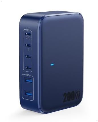 200 W USB C Charging Hub with 6 Ports – Ga N IV Foldable Wall Charger for Rapid Device Power-Up, PD 65 W Laptop Charger for Mac Book Pro, Dell, i Phone 16/15, i Pad, Galaxy & Steam Deck – Compact & Travel-Friendly Fast Charging Solution