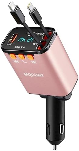 Ultimate 5-in-1 Retractable Car Charger with Bluetooth 5.3 FM Transmitter – 60 W Fast Charging, Hands-Free Calling, Dual Retractable Cables & USB Ports for i Phone, Galaxy, Pixel (Pink) – Streamline Your Driving Experience with Enhanced Connectivity and Convenience