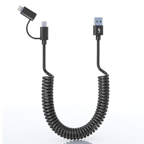 Versatile Coiled 3-in-1 Charging Cable: USB to Lightning, Type C, Micro USB – MFi Certified for Apple Carplay & Android Auto | Fast Charging & Data Sync for i Phone 16, 15, 14, 13 & Samsung Devices – Tangle-Free Travel Accessory