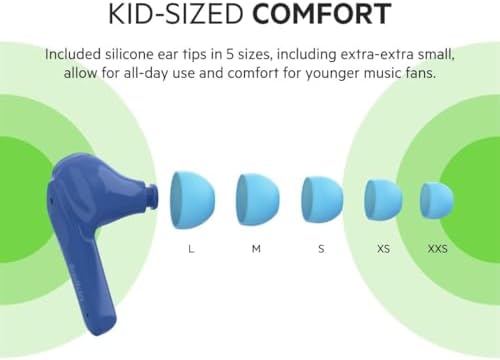Belkin Soundform Nano Kids Bluetooth Earbuds – Stylish Blue Design with 85 d B Volume Limiting for Safe Listening, 24-Hour Battery Life, Integrated Microphone for Online Learning and Calls, Compatible with i Phone, i Pad, Galaxy & More – Comfort Meets Durability for Young Audiophiles