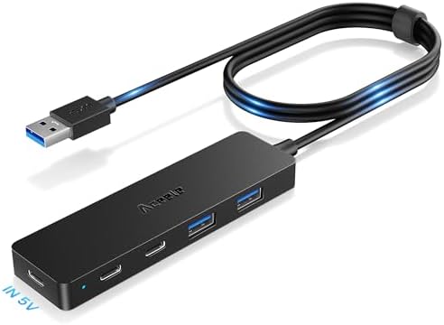 Ultra-Slim 4-Port USB 3.0 Hub with 2 ft Extended Cable – High-Speed Data Transfer for Mac Books, PCs, and More – Compact USB Expander for Enhanced Connectivity, Ideal for On-the-Go Professionals and Home Offices