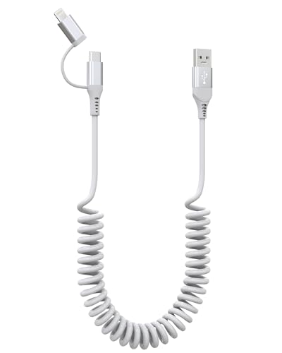 Versatile 2-in-1 Coiled Pink Charger Cable – USB to Lightning & USB-C for Fast Charging & Data Transfer, Compatible with i Phone 11-16 & Android Devices, Supports Apple Car Play & Android Auto, Stylish & Durable Design for Effortless Connectivity