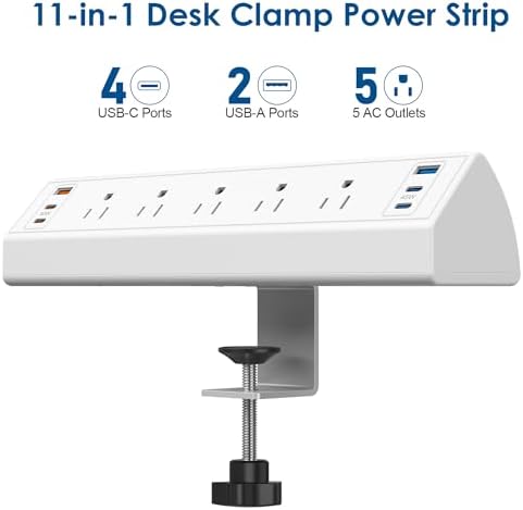 Revolutionize Your Workspace with the Desk Clamp Power Strip USB C – 75 W Total Fast Charging Hub Featuring 5 AC Outlets and 6 USB Ports, Optimized for 1.6″ Tabletop Edges – Ultimate Surge Protection for Laptops, Smartphones, and More