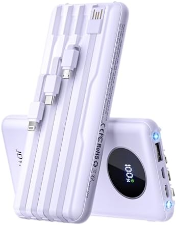 Ultra-Fast Portable Charger with Built-In Cables & LED Display – 10000 m Ah Power Bank for Multiple Devices, 22.5 W Super Speed Charging, Slim Design for Travel & Emergency Use – Compatible with i Phone 16/15/14/13/12, Samsung Galaxy, Google Pixel & More (Purple) – Ultimate Convenience & Safety Features