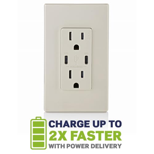 Leviton 60 W Dual USB Type A/Type-C In-Wall Charger – Fast, Efficient Power Delivery Solution for Smartphones, Tablets & Laptops – Tamper-Resistant Outlet in Light Almond for Safe, Clutter-Free Charging Experience – Perfect for Home and Office Use