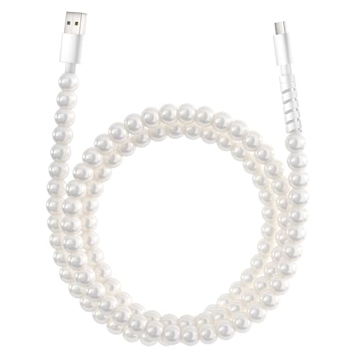 Premium 6 FT USB to USB C Charging Cable – 60 W Fast Charge Cord for i Phone 16, 15 Plus, Pro Max & Samsung Galaxy S25, S24, S23 – Stylish White Pearl Beaded Design for Enhanced Durability and Data Transfer Efficiency