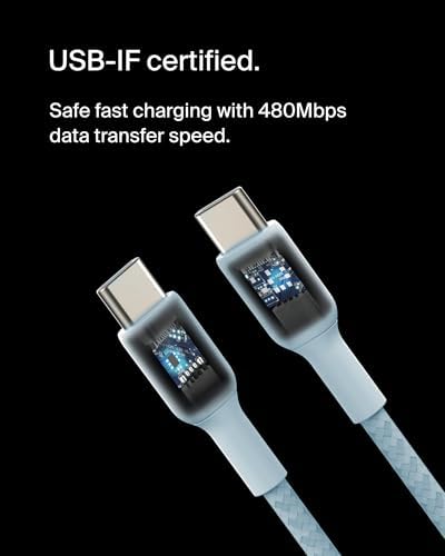 Belkin Boost Charge Braided USB-C to USB-C Cable – 1 m (3.3 ft) Durable Fast Charging Cable for i Phone, Galaxy, Nintendo Switch 2, i Pad Pro, and Pixel – Tangle-Free Design with 480 Mbps Data Transfer – Ultimate Universal Compatibility for All Your Devices