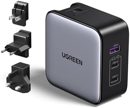 UGREEN 65 W Ga N USB-C Travel Charger – Versatile 3-Port Power Adapter with Global Plug Compatibility for Mac Book, i Phone 16/15, Galaxy S24, and More – Rapid Charging & Enhanced Safety Features for On-the-Go Power Needs