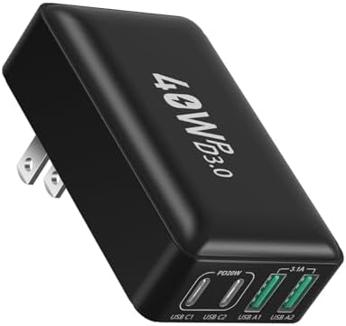 OKRAY 40 W Ultra-Slim 4-Port USB-C Wall Charger – Fast Charging Adapter with QC3.0 & PD3.0 for i Phone, Galaxy, and Pixel Devices – Foldable Plug for Effortless Travel & Home Use – Power Multiple Devices Simultaneously with Compact Efficiency