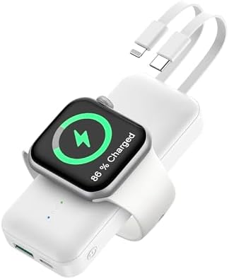 Compact 10,000 m Ah Portable Apple Watch Charger – Fast Charging Mini Power Bank with Integrated Cable for Apple Watch 9/Ultra/8/7/6/SE/5/4/3/2 and i Phone 14/13/12/11/Samsung – Ultimate Travel Companion for Efficient Device Powering