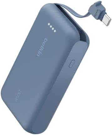 Belkin 10,000 m Ah Portable Charger – Fast Charge Power Bank with Integrated Cable for i Phone 16, i Pad Pro, Galaxy S25 – 20 W USB-C Power Delivery – Lightweight Pink Design for Ultimate Portability and Versatile Compatibility