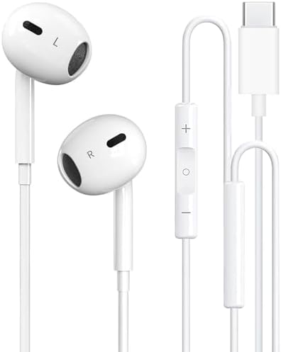 USB-C Wired Earbuds for i Phone 16/15 & Galaxy S22/S21/S20 – Premium Noise-Cancelling Headphones with Built-in Microphone and Ergonomic Design – Tangle-Free Comfort for Enhanced Sound Quality & Versatile Device Compatibility