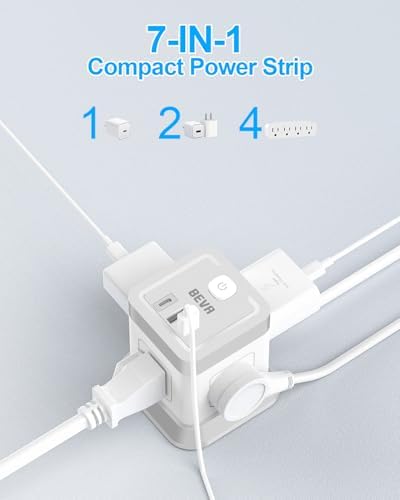 BEVA 10 ft Travel Power Strip with USB – Compact Cube Charging Station Featuring 4 Spacious Outlets and 3 Fast USB Ports for Home, Office, and Dorm Use – Overload Protection for Safe, Efficient Power Management