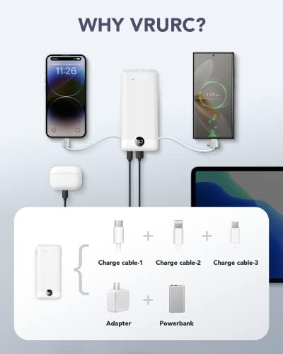 VRURC 10,000 m Ah USB C Power Bank with Built-in Cables & AC Wall Plug – Compact Lightweight Travel Charger for Smartphones & Tablets – Ultimate Convenience & Enhanced Charging Speed